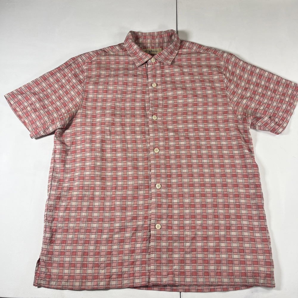Tommy Bahama Hawaiian Shirt Geometric 100% Silk Pink Button Up Mens L